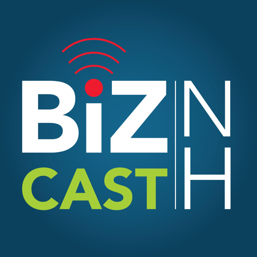 a logo for BizCastNH with BIZ in white block lettering, CAST in green lettering below it, and NH vertically on the right. The dot on the I is red like a radar beacon